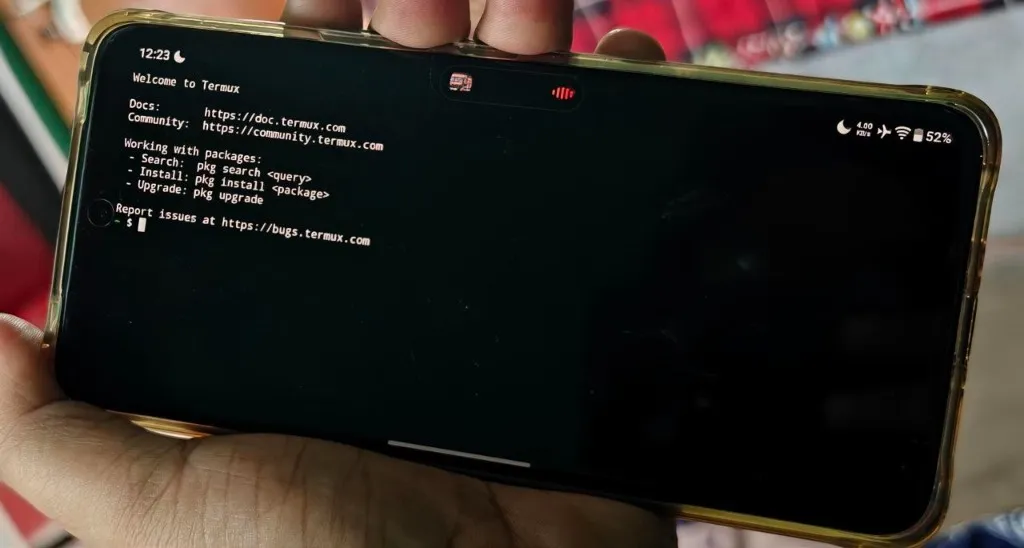 Termux and Linux terminal running on an Android device